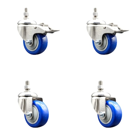 Service Caster 3.5 Inch 316SS Blue Polyurethane 12mm Threaded Stem Caster Lock Brake, 2PK SS316TSTTL20S3514-PPUBBLUE-M1215-2S2